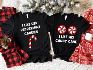 Funny Couples Christmas Shirts, I Like Her Peppermint Candies, I Like His Candy Cane Shirt, Wife Husband X-mas Party Tee, Newly Married Gift Tee.