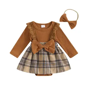 Newborn Baby Girl Fall Winter Outfit Set Plaid Romper Dress Ruffles Long Sleeve Clothes Jumpsuit with Bow Headband
