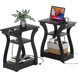 Black End Table Set of 2 with Charging Station, Side Table with USB Ports and Outlets, Black Nightstand, 3 Tier End Table with Storage Shelf for Living Room, Bedroom