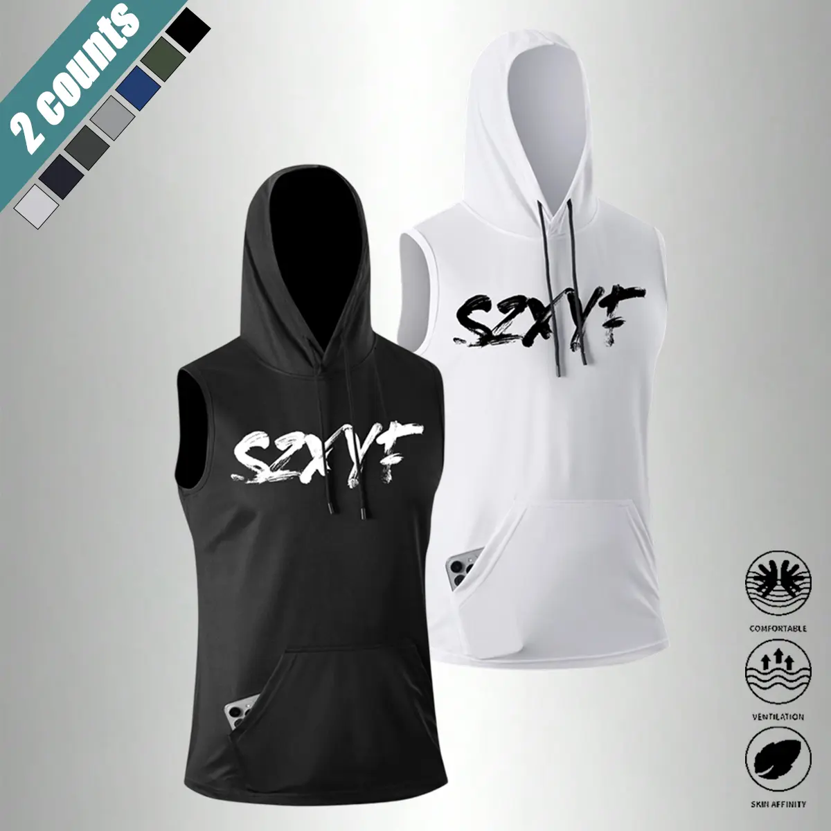 Men's 2pcs Solid Color Thin Hooded Vest - Sleeveless Sporty Top, Light Flex Ultra Elastic Breathable Mesh Jersey Singlet, Machine Washable Casual Gym Training Apparel for Summer Fitness, Jersey Top Men's Sports Singlet, Light Flex Men's Sports Singlet