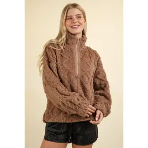 VERY J Fuzzy Fleece Half Zip Cable Pattern Sweatshirt