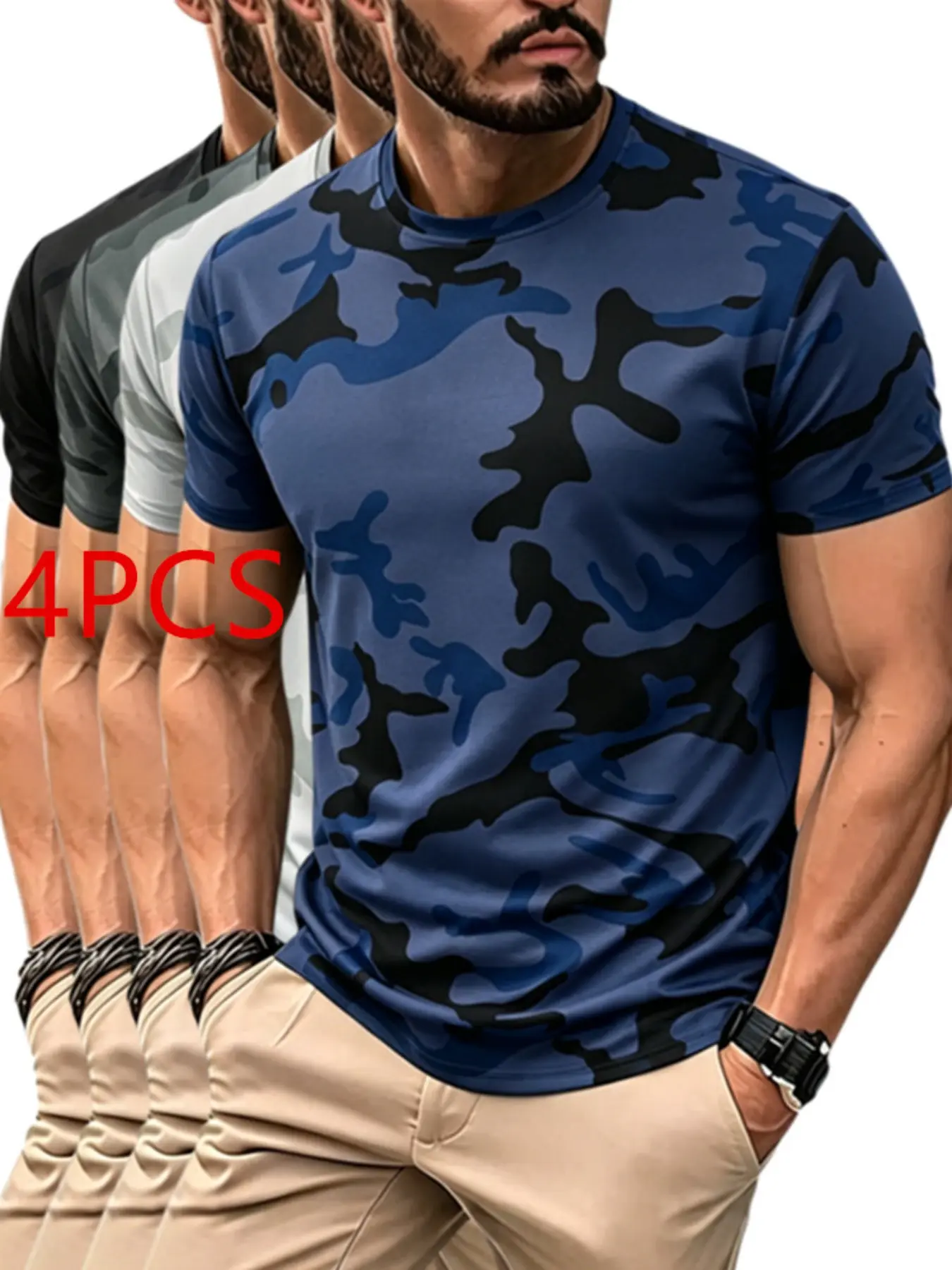 4-Pack Men's Camouflage Sports T-Shirts, Compressive Breathable Lightweight Round Neck Running Tops, Athletic Shirt, Ideal for Gym, Hiking, Daily Wear, Fitness T Shirt