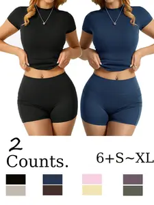 Women’s 2-Piece Yoga Set - Buttery Soft Short Sleeve Tops, High Waist Biker Shorts, Slimming Butt-Lifting Activewear for Gym Workouts & All-Season Lounging