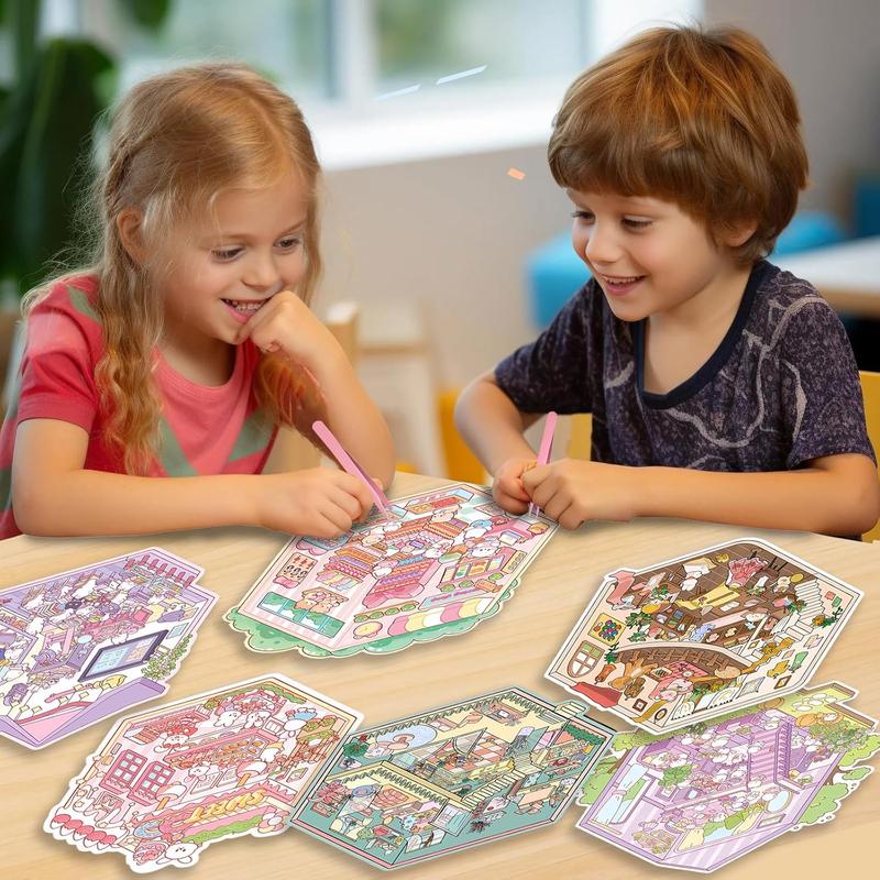 Valentine's Day New Year 2026 Gift DIY 3D Sticker Scene Collection Book for Stress Relief - 6 Sets of Make Your Own Mini Shop Scenes Stickers for Girls Kids Adult Sticker Therapy Cute Animal Stickers for Birthday with Tweezers