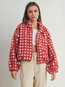 women's fashion plaid stand collar coat, thick knit fitted outerwear for fall & winter, casual check design