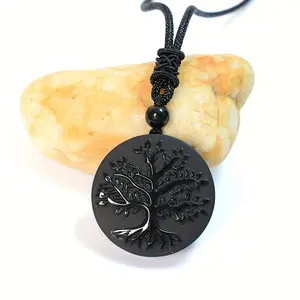 Natural Obsidian Tree Of Life Pendant - Men's Unisex Necklace Pendant with Healing Crystals, Amulet, and Frosted Finish