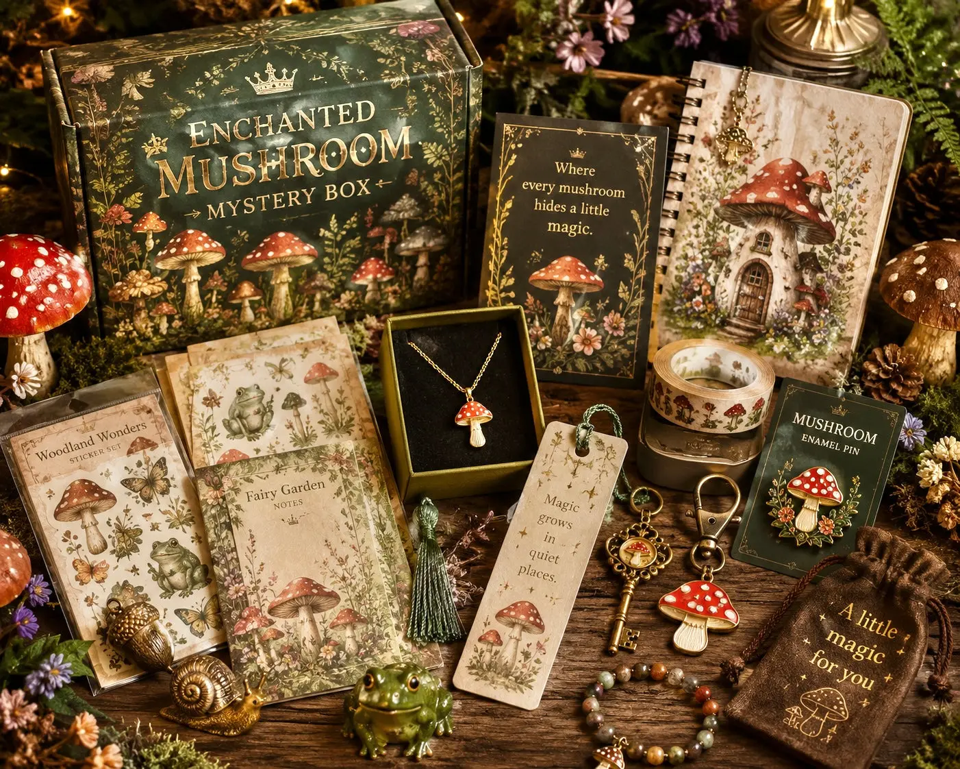 Enchanted Mushroom Curated Box | Cottagecore Gifts, Mushroom Jewelry, Stickers & Stationery