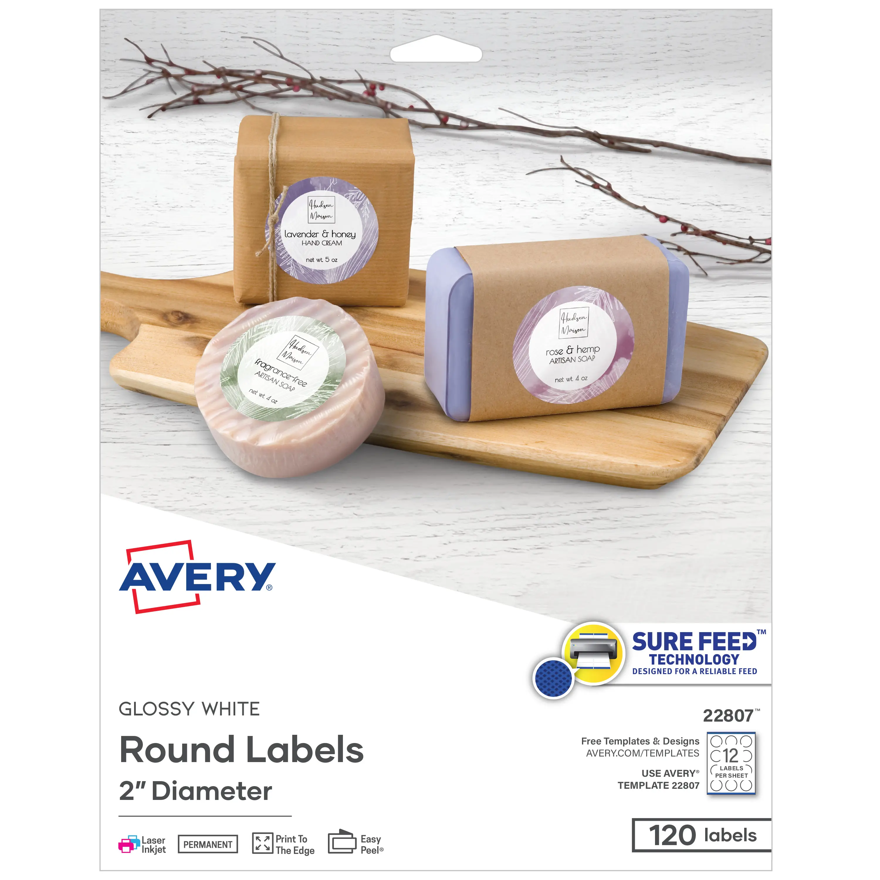 Avery Printable Round Labels with Sure Feed Technology, Glossy White Labels, 2" Diameter, Permanent Adhesive, Laser/Inkjet, 120 Glossy Labels Total (22807)
