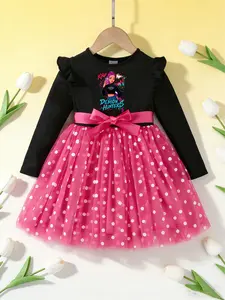 2026 Spring New Girls' Mesh Dress, Bow Tie, Polka Dot Design, Fitted School Dress, Perfect Gift for Ages 4-8