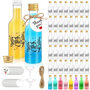 50 Pack Happy Birthday Mini Liquor Bottles, 1.7oz/50ml Empty | Plastic Shot Bottles | with Gold Screw Caps | Includes Funnels, Tags & Twines | for Juice, Wine, Alcohol, Ginger Shots | Birthday Party Favors