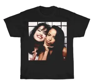 Men's Unisex Stylish Selena & Aaliyah All-Over Print Matching Short-Sleeve Round Neck Graphic Shirt - Bootleg Rap Design, Skin-Friendly Soft Cotton Oversize Hip-Hop Streetwear Top, Birthday Rap Gift for Him/Her