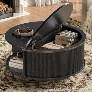Round coffee table, 31.5inch medium-sized functional storage table, height-adjustable coffee table, adjustable foot pads, equipped with sliding doors, suitable for small spaces such as living rooms, mid-century modern style medium-sized table (black)