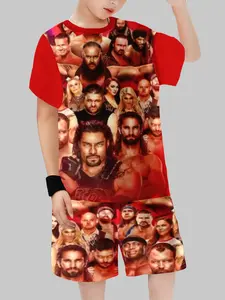 Boys' Wwe Wrestling Star Full Print Short Sleeve Set, Cool Cartoon Pattern Two-Piece, Casual Fitted Kids Clothing