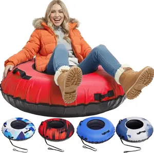 45/48 Inch Rubber Snow Tube Commercial Grade Canvas Cover Inflatable Heavy-Duty Sled Thick Hard Bottom with Tow Rope for Kids Adults Winter Gift