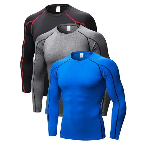 LANBAOSI Men's 3-Piece Long Sleeve Fitness Apparel, Polyester Blend Quick Dry Breathable Technical Base Layer, All Seasons Compression Fit for Athletes' Lifting, Training
