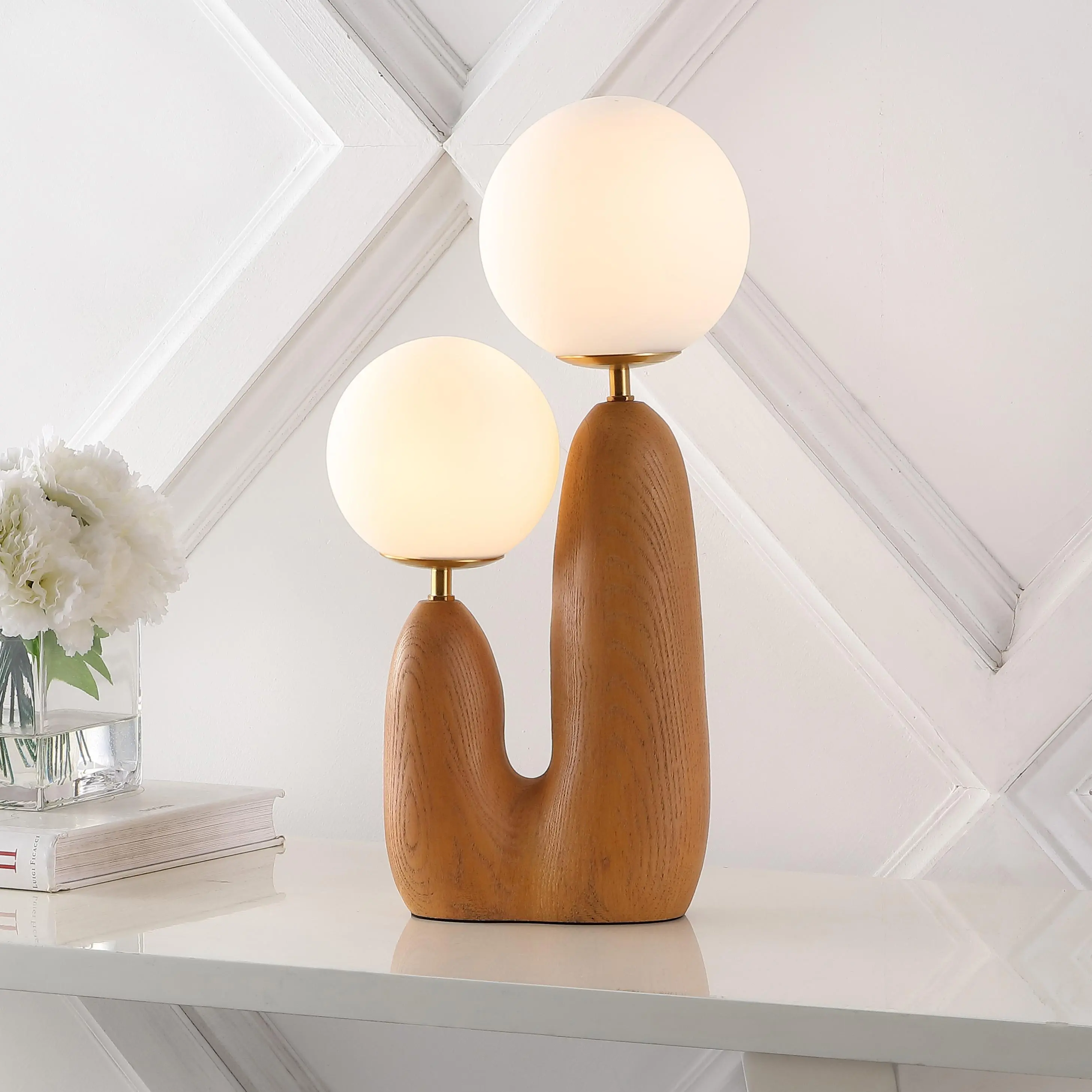 JONATHAN Y Oda 2-Light Cactus LED Table Lamp (17.75in) - Scandinavian, Modern Bohemian, Mid-Century Minimalist, Resin, Brass Gold Metal, Frosted Glass Globe Shades, Soft Frosted Glow, Takes 2 Bulbs Included, Lamps for Bedroom