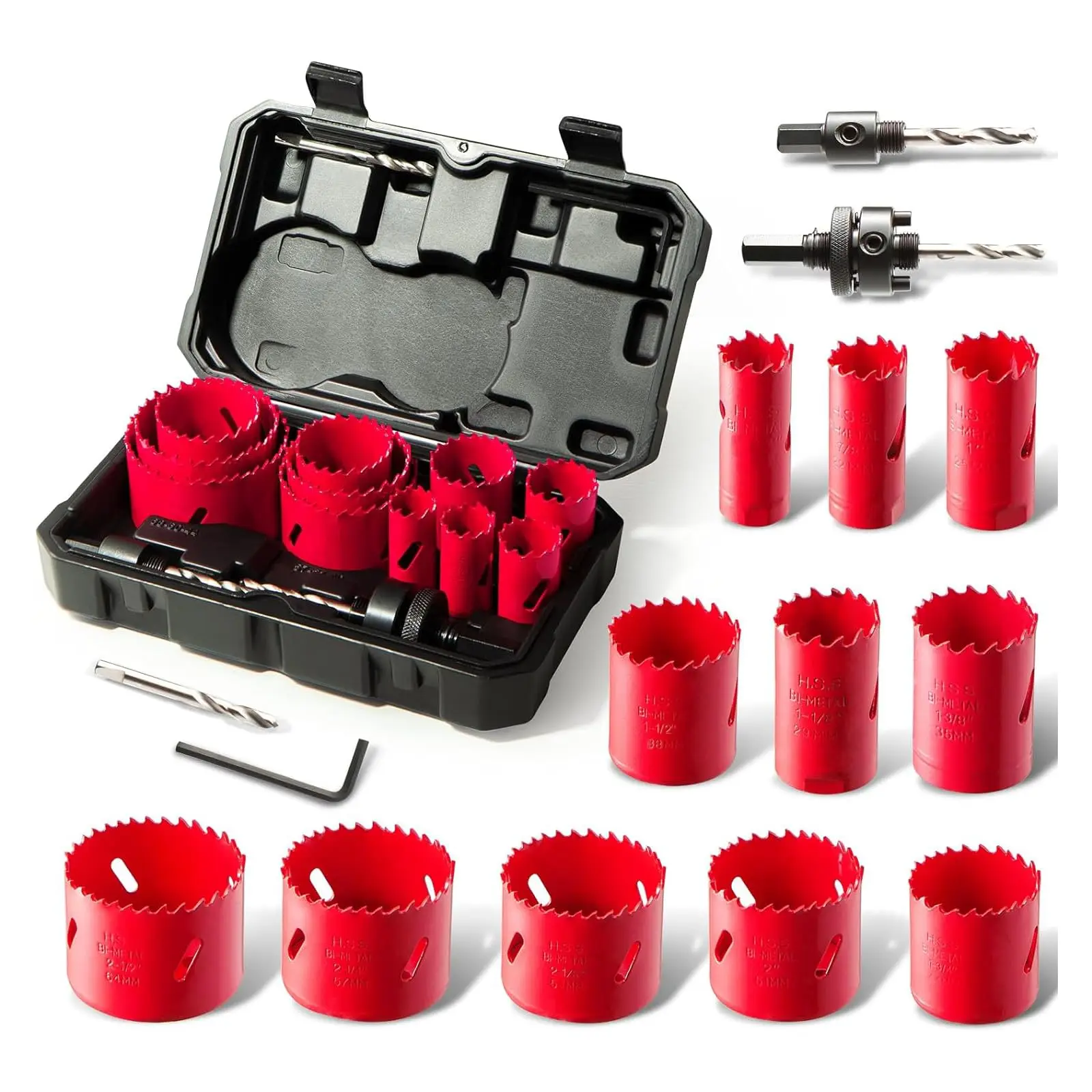 Bi-Metal Hole Saw Kit, HYCHIKA 17 Counts High Speed Steel 3/4" to 2-1/2" Hole Saw Set in Case with Mandrels for Thin Metal, Hard Wood, Drilling PVC Bo
