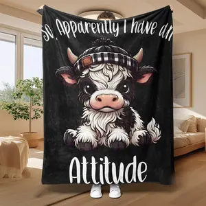 Cartoon Cow Pattern Soft Fleece Blanket, 1 Count Soft Air-conditioned Room Throw, Warm Nap Blanket for Home Office Travel Camping, Valentine's Day, gift for her, Slogan Print Blanket, Fluffy Blanket