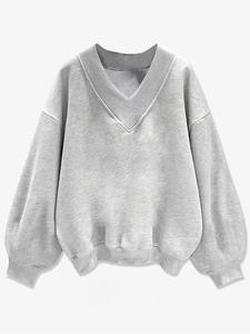 women's v neck casual sweatshirt with dropped shoulders, trendy solid color long sleeve top for travel, vacation, street style and campus