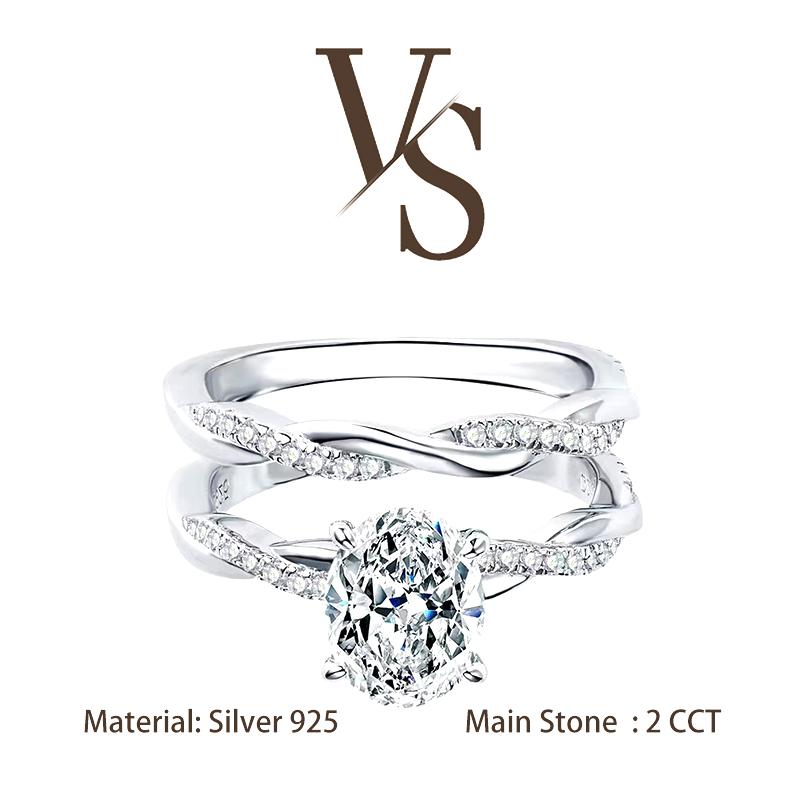 [Venus Jewelry] Synthetic Moissanite 2 CCT Oval Shape Twist Ring Set Design VVS 1 D Color Solid Silver 925 Solitare Ring