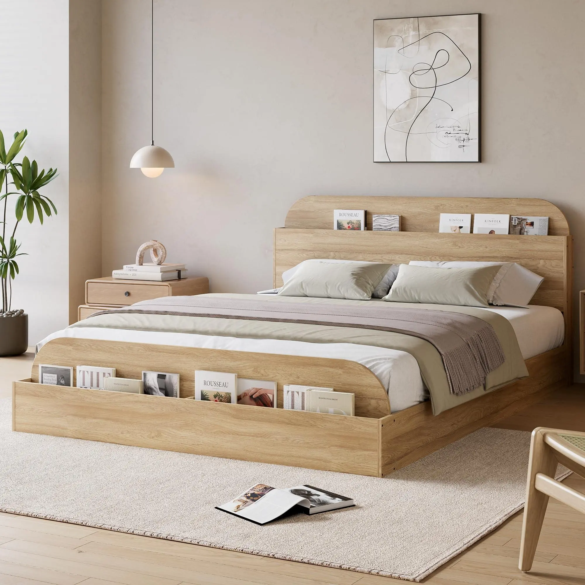 Natural Oak Wood Queen Size Platform Bed Frame - Floor Bed with Storage Headboard, Raised Footboard, Sturdy 12-Slat Support, Noise-Free Build, No Box Spring Needed, Easy Setup, Assembly Required