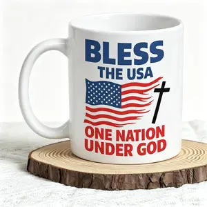 Coffee Mug with American Flag, Bless The USA & One Nation Under God Text - Stars & Stripes Design