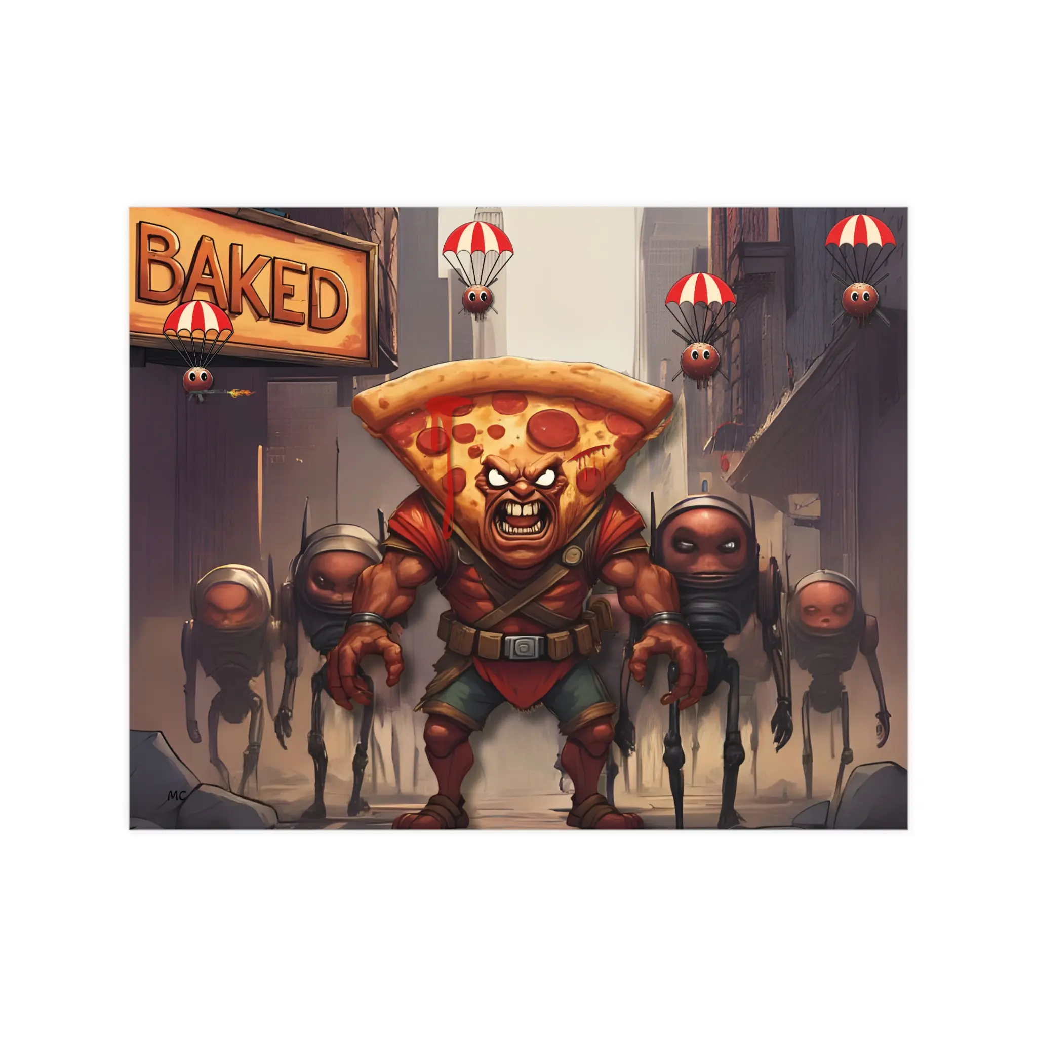 The Pizza General and His Meatball Battalion - Baked Pizza Art Poster, Whimsical Wall Decor, Cartoon Kitchen Prints, Fun Food Artwork, Unique Gift for Pizza Lovers