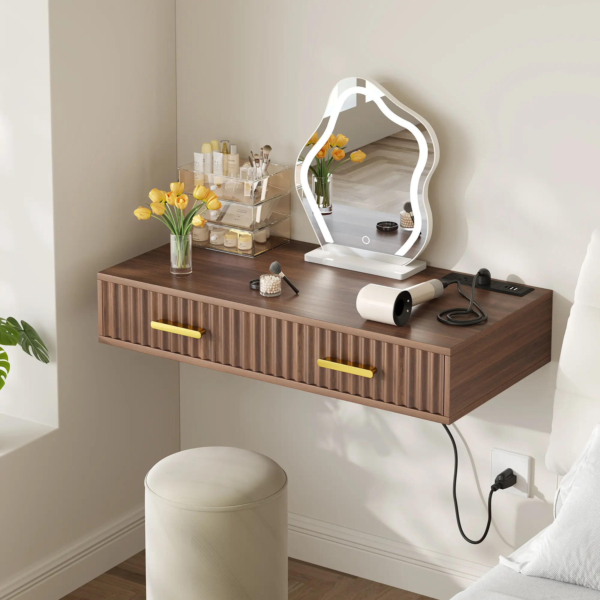 Casvik 31.5" Floating Vanity Desk No Mirror, Wall Mount Makeup Desk with 1 Fluted Drawer & Built-in Power Strip, Space Saving Writing Desk for Bedroom, Apartment & Home Office (Dark Brown and Gold)