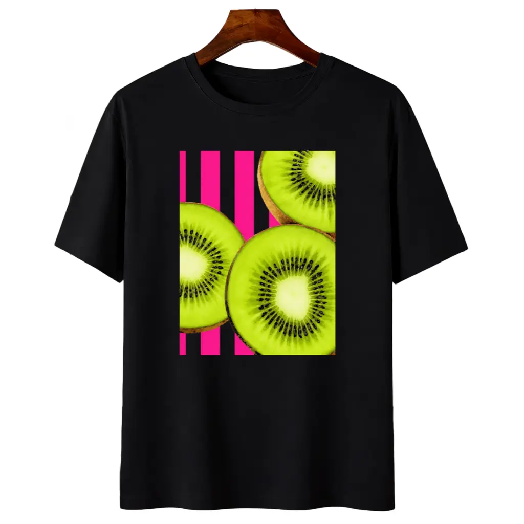 Kiwi Slices, Tropical Fruit Elegant Short-Sleeve T-Shirt for Women, Featuring a Printed Round Neck Design, Suitable for Spring And Summer Wear. This Fashionable, Versatile Casual Top Is Perfect for Commuting, Vacations, And Everyday Outfits Cotton Dress