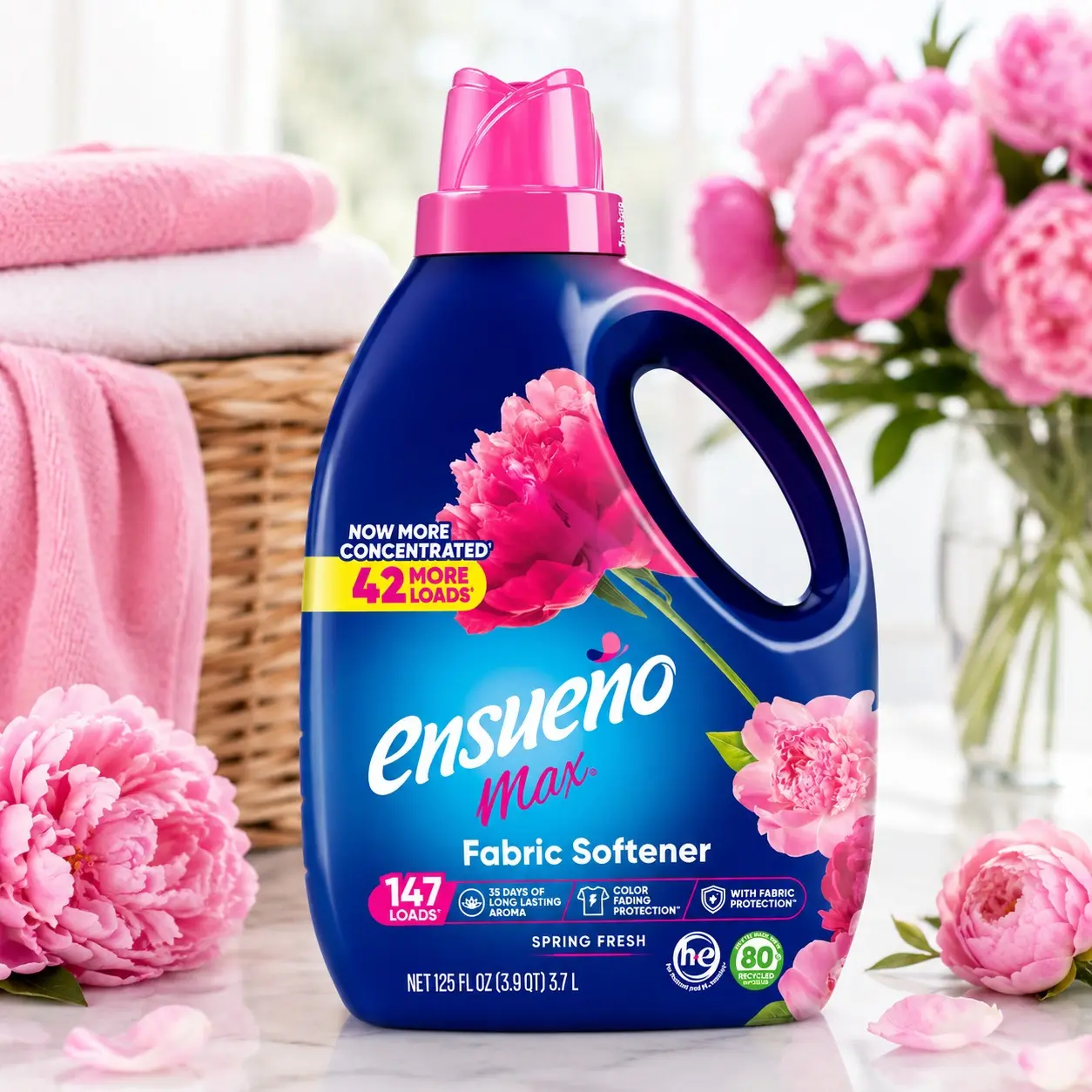 Ensueño Max Liquid Fabric Softener, Spring Fresh Scent, 125 Fl Oz, 147 Loads, Color Safe Laundry Softener, Wrinkle & Static Control