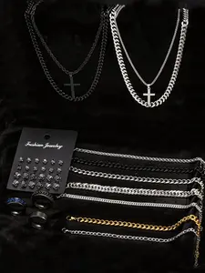 38-Piece Stainless Steel Matching Jewelry Set for Men & Women, Casual Style with Artificial Zircon Earrings Necklaces Bracelets Versatile Accessories