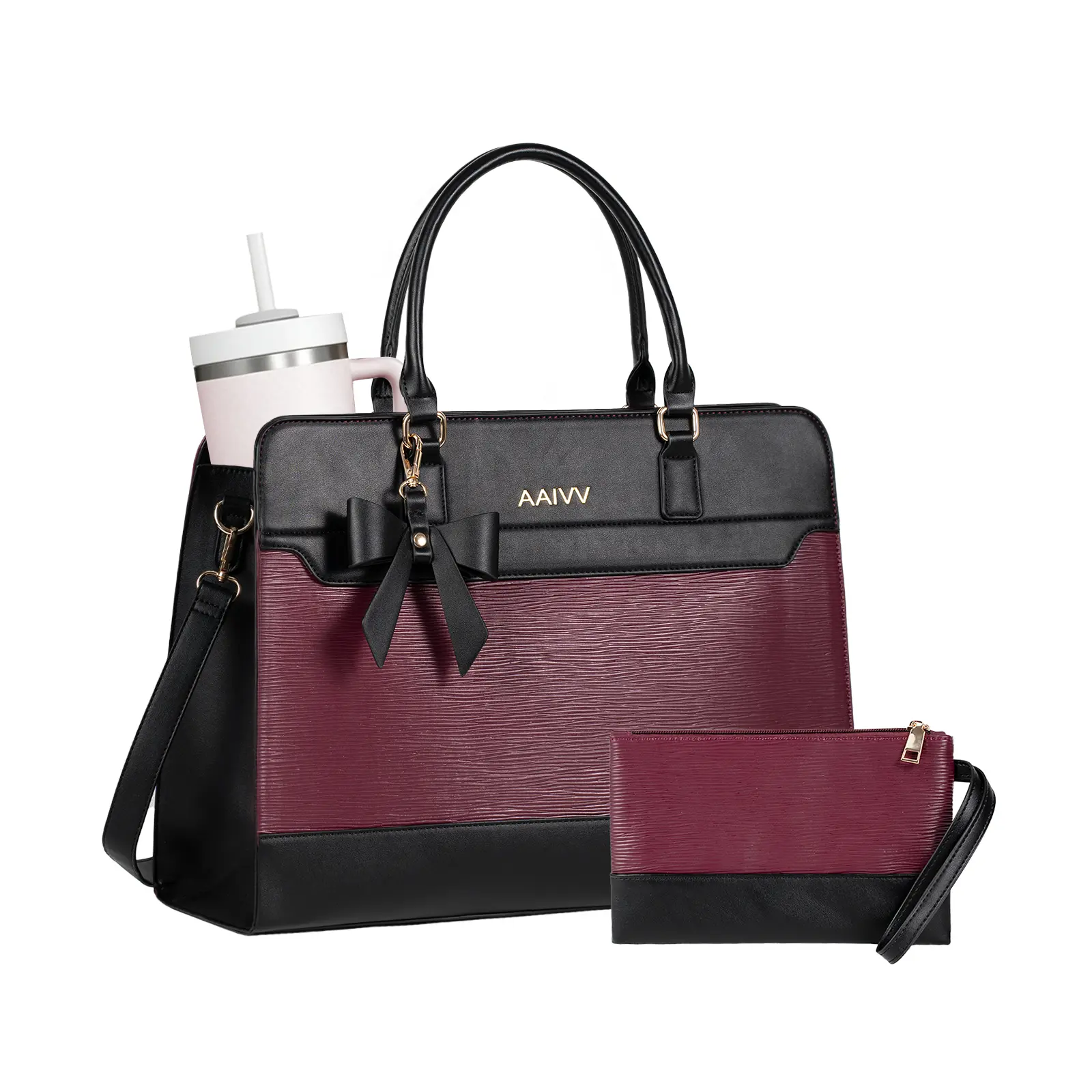 AAIVV 2-Piece Women's Leather Tote Bag, Waterproof Laptop Shoulder Bag with Compartments for Office, Business & Travel