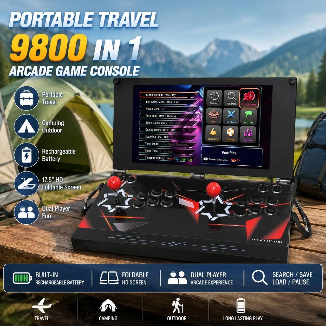 Portable Dual-Player Retro Arcade Console (9800 in 1) - 17.5-in HD Screen, Metal Build, Classic Layout, Dual-Player Gamepads, Adjustable Search/Hide/Pause Functions, Portable DX Box for Collectible Fighting Game Enthusiasts
