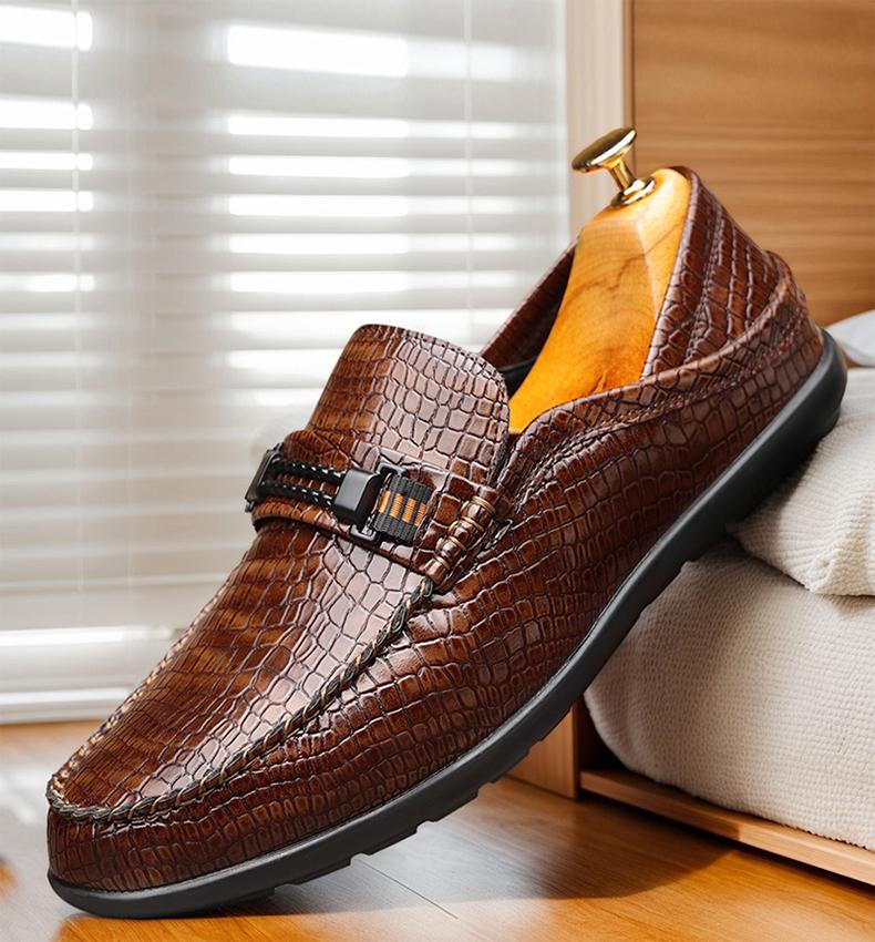 Men's Croc-Embossed Metal Bit Loafers, Black & Brown Formal Slip-On Leather Shoes25328
