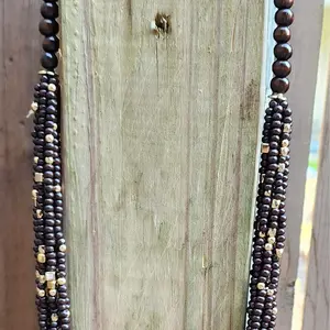 Wooden Bead Necklace, Multi strains in Dark Brown and Gold, "Crafted Worn Everywhere: Handmade Wooden Necklaces with Exquisite Beadwork!"