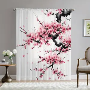 2-Pack stylish cherry blossom see-through curtains, high definition digital printing, pink floral design on white background, clear polyester curtains for living and bedroom, machine wash, pole hanging, unlined, 100-120g/m2 - decorative cordless curtains