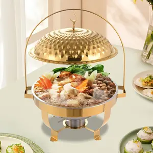 1 Pc Gold Round Chafing Dishes for Buffet, 8.5Qt /8L Stainless Steel Buffet Chafer, Hanging Lid Dining Stove, Buffet Server and Warmer Set, Countertop Warming Tray for Parties, Dishwasher Safe Bakeware Kitchen