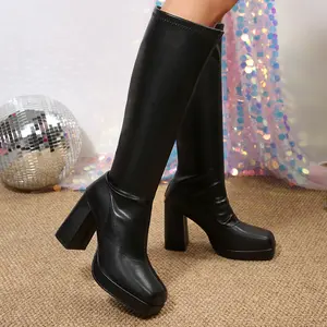 Women's High Boots Trendy Stretch Knee High Boots Block Heel Platform Comfortable Daily Wear Boots for Women