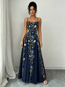 French Retro Flower Print Embroidered Dress, Waist-Cinched A-Line Skirt for Office, Date, Vacation, or Evening Gala Occasions