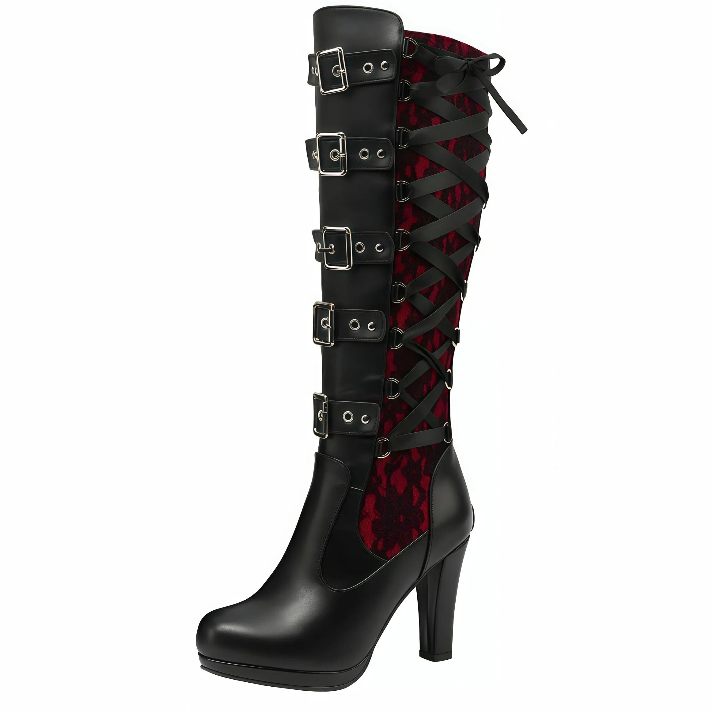 Women's Black Knee High Boots Pointed Toe Punk Boots Chunky Platform Goth Combat Boots with Buckle Lace Up Boots boots for fall