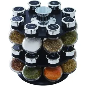 16 Jar Revolving Countertop Spice Rack with Lift &amp;   Pour Caps and Spices Included, FREE Spice Refills for 5 Years: Black and Chrome