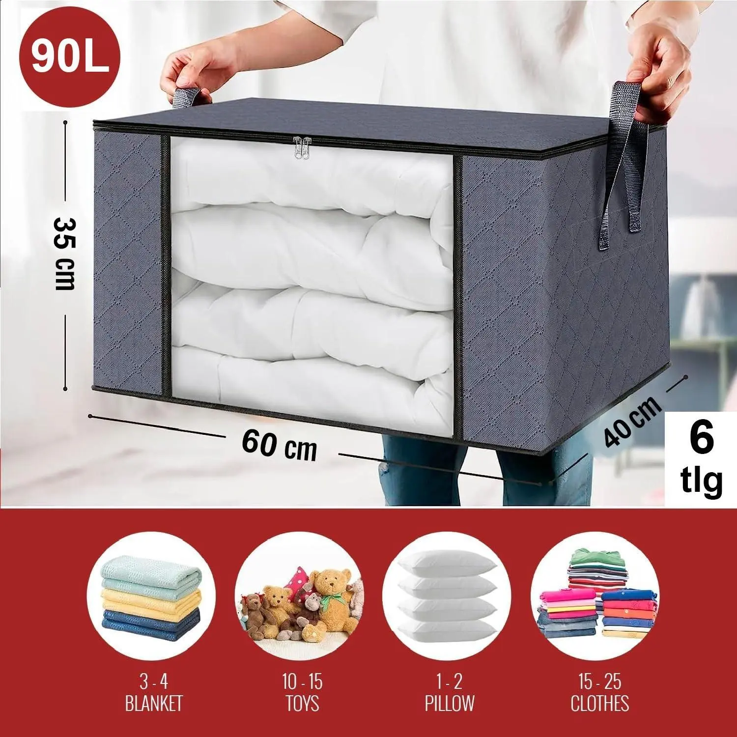 90L - 6PCS Large Capacity Clothes Storage Bags with Clear Window, 3-Layer Thick Non-Woven Fabric Organizer, Reinforced Handles & Double Zippers, Foldable Closet Storage Containers for Blankets, Comforters, Sweaters, and Bedding