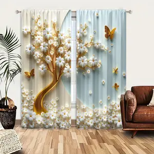 2pcs Window Curtains, Elegant golden tree, white flowers, and golden butterflies on a serene pastel backdrop.Window Drapes for Bedroom Living Room, Rod Pocket Window Treatment