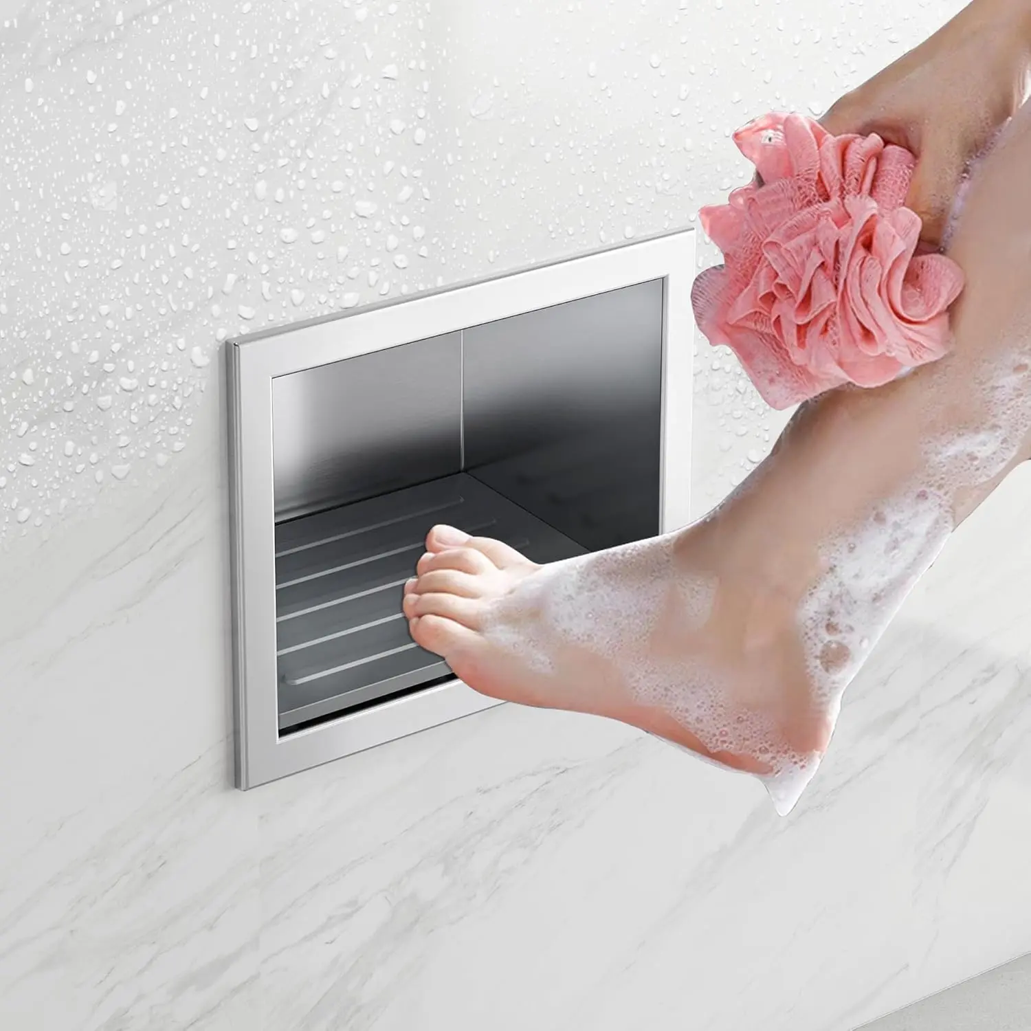 Shower Foot Rest for Shaving , 304 Stainless Steel Footrest Niche with Shaving Holder, Recessed Shower Niche for Shaving , Brushed Nickel