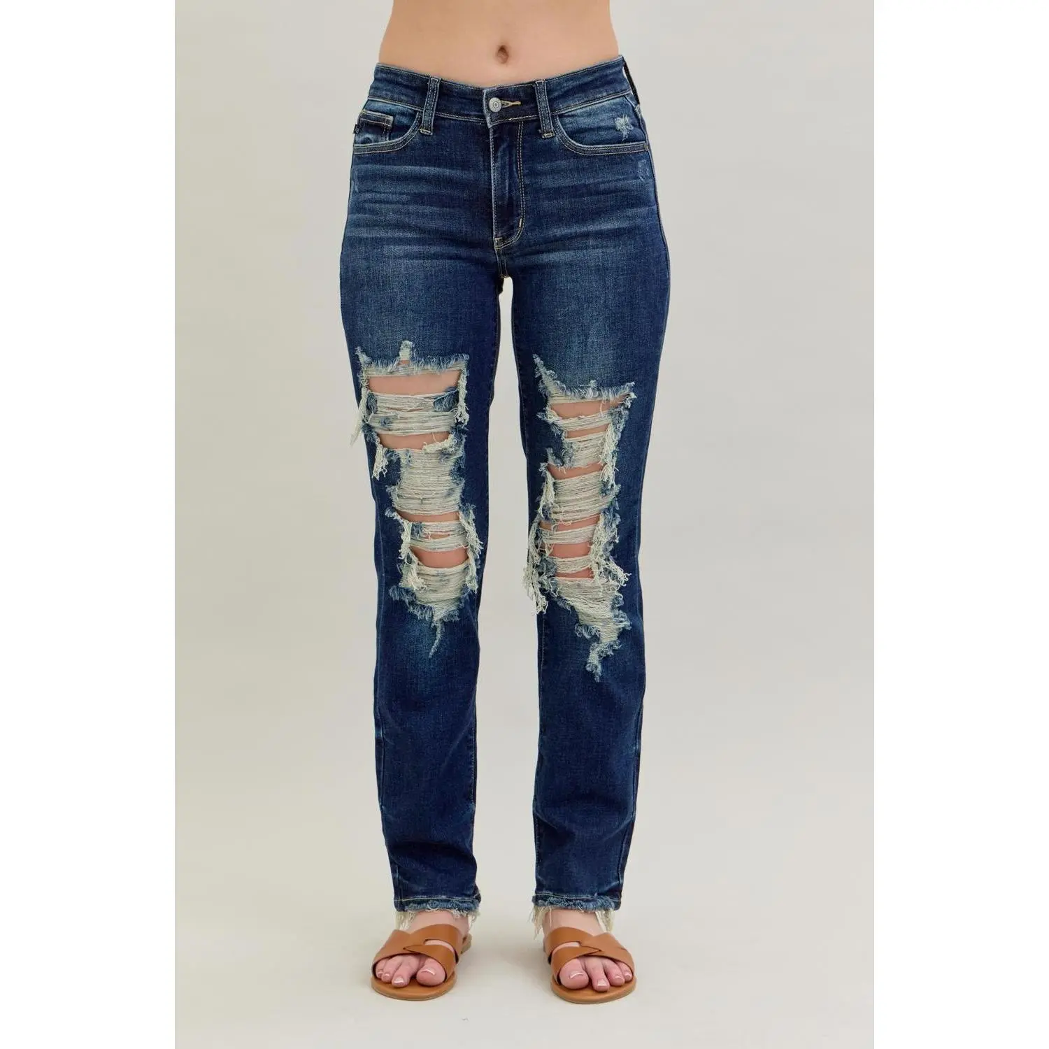 Judy Blue Women's Mid-Rise Heavy Destroy Straight Denim Jeans - Soft, Stretchy Cotton Blend, Comfortable Fit, Vibe Twist Design for Streetwear, Love, Polyester, Spandex, Hip, Bottom, Casual, Style, Leg, Pants