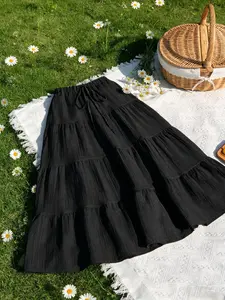 Multi-Layer Ruffled Long Skirt, High-Waisted Elastic Design, Slimming Fit, Casual Style, All Seasons, Natural Waist, Plain Pattern, Womenswear