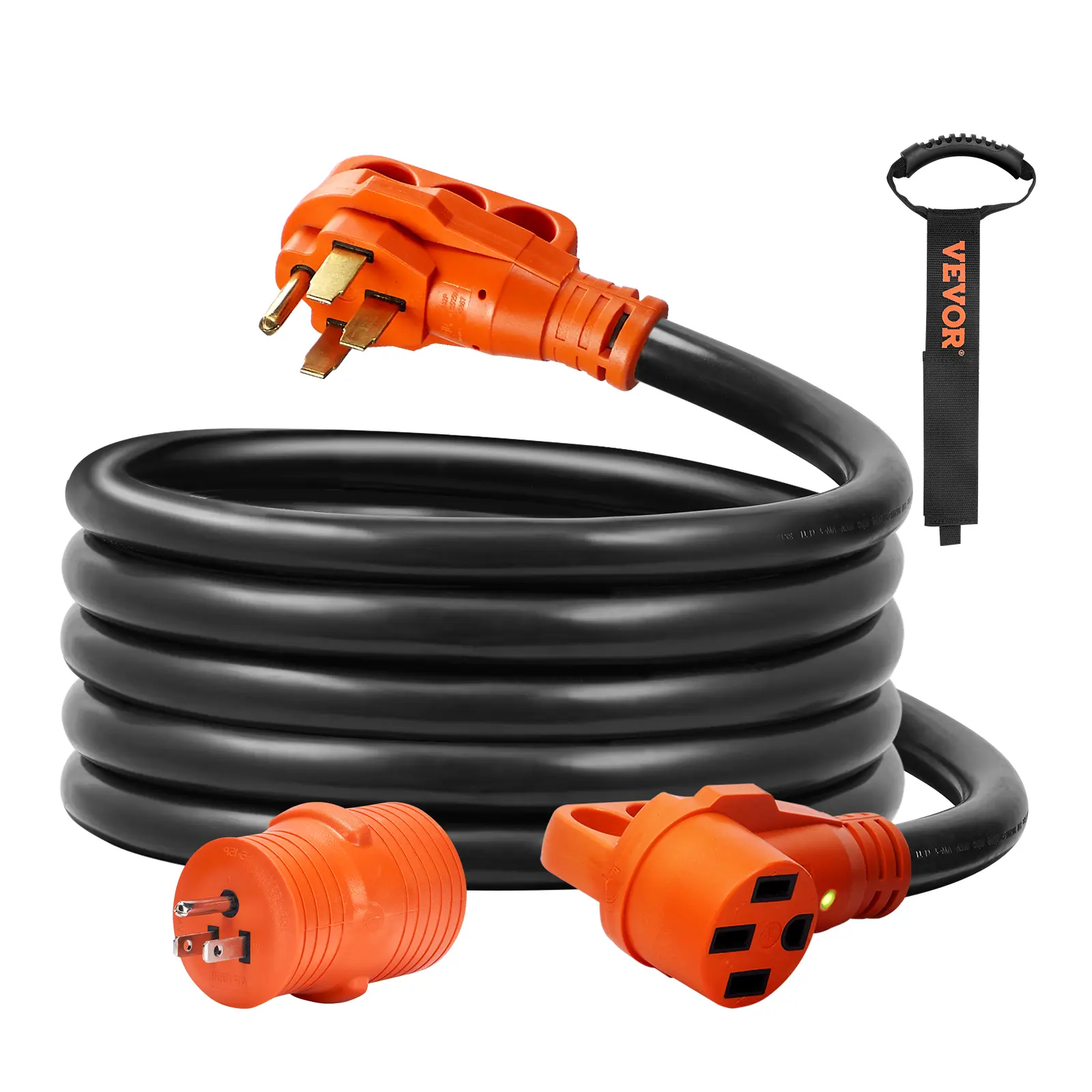 【DealsForYouDays】VEVOR 50A 15 ft Heavy Duty STW RV Extension Cable, NEMA 14-50P Male/NEMA 14-50R Female Plugs, LED Indicator Handle, 15A Adapter, Copper PVC Coiled Cord Reel, Adjustable Carry Strap, ETL Listed for RVs, Generators