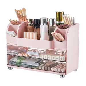 Cosmetic Box with Two Large Drawers, Makeup Display Cabinet with Brush Holder, Easy to Store Bathroom Countertop Skincare Products, Office Supplies, Pink Box Gift, Jewelry Organizer