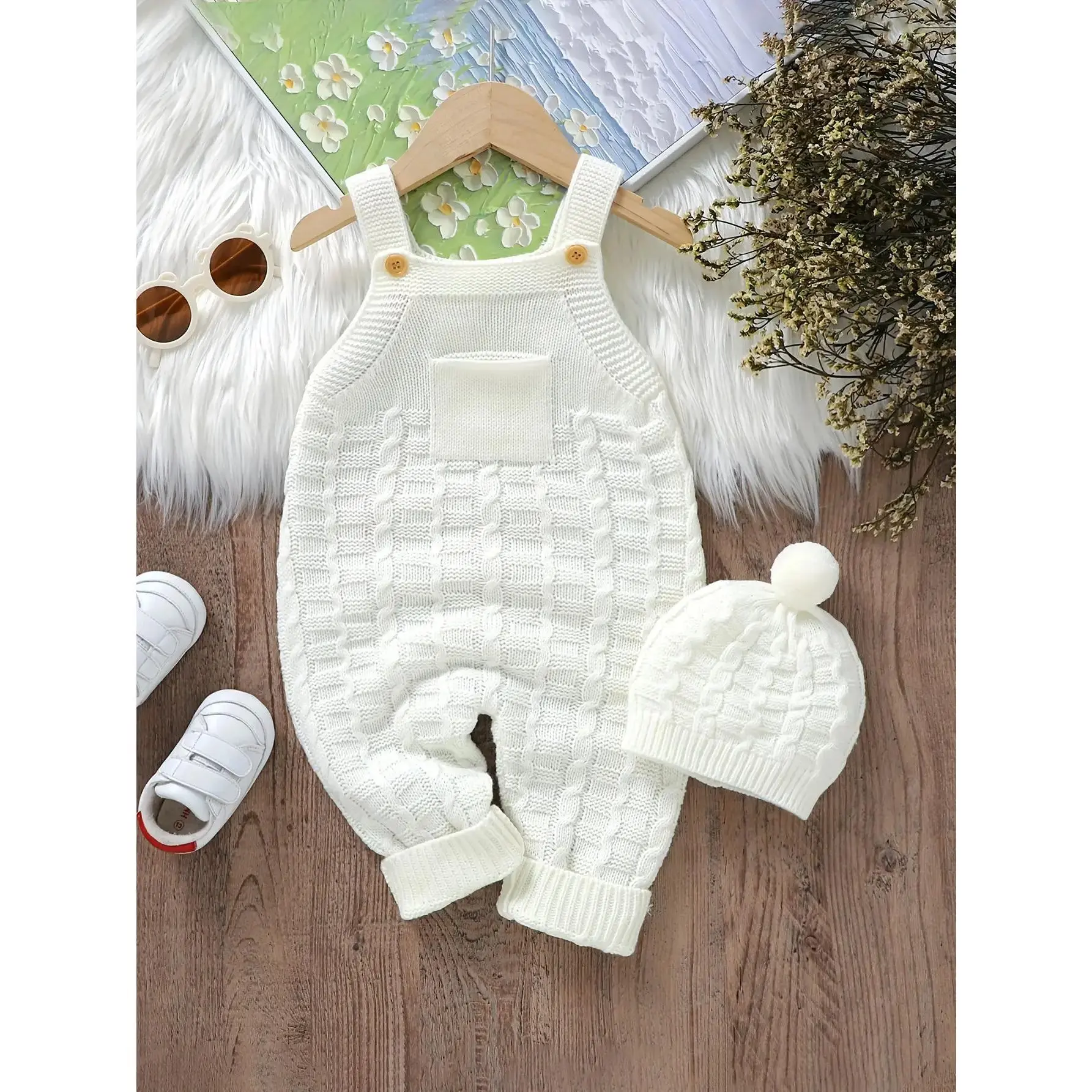 Girl's 2-Piece Basic Acrylic Knit Sleeveless Crew Neck Jumpsuit Set with Leggings & Matching Hat, Casual Solid Color, Slight Stretch, Regular Fit, Fall/Winter Outdoor Wear, Dry Clean Compatible, 9 - 12 Months, Casual Wear