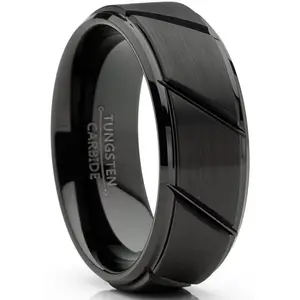 Mens Tungsten Ring Black Grooved Wedding Band Beveled Edges Comfort-fit 8MM